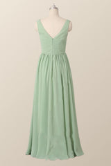 Geplooide v nek mint groene chiffon bruidsmeisje jurk