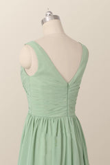 Geplooide v nek mint groene chiffon bruidsmeisje jurk