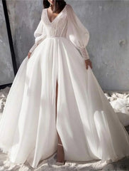 Wholesale Sparkle & Shine Formal Wedding Dresses A-Line V Neck Long Sleeve Chapel Train Organza Bridal Gowns With Split Front