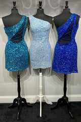 Royal Blue Sequins One-Shoulder Lace-Up Mini Homecoming Dress