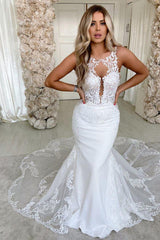 Satin Backless Long Mermaid Wedding Dress with Lace and Spaghetti-Straps