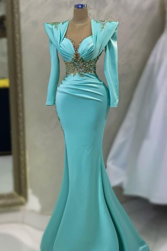 Charming Satin Prom Dress with Long Sleeves Ruffles Mermaid Evening Gowns