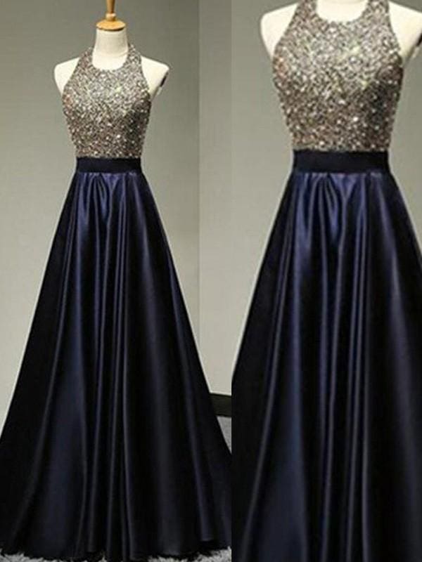 Satin Halter Sleeveless A-line Floor-Length With Beading Dresses