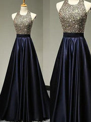 Satin Halter Sleeveless A-line Floor-Length With Beading Dresses