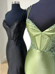 Satin Mermaid Prom Dresses 2025 with Lace Applique, V-Neck & Spaghetti Strap – FD5061
