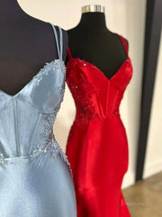 Satin Mermaid Prom Dresses 2025 with Lace Applique, V-Neck & Spaghetti Strap – FD5061