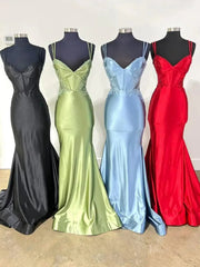 Satin Mermaid Prom Dresses 2025 with Lace Applique, V-Neck & Spaghetti Strap – FD5061
