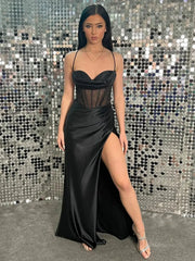 Satin Mermaid Prom Dresses 2025 with Slit, Sheer Boned Bodice & Spaghetti Strap – FD5064