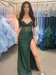 Satin Mermaid Prom Dresses 2025 with Slit, Sheer Boned Bodice & Spaghetti Strap – FD5064