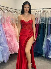 Satin Mermaid Prom Dresses 2025 with Slit, Sheer Boned Bodice & Spaghetti Strap – FD5064