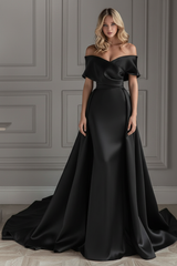 White Vintage Wedding Dress With Train Satin Off The Shoulder Wedding Dress Pleated Mermaid Bridal Gowns