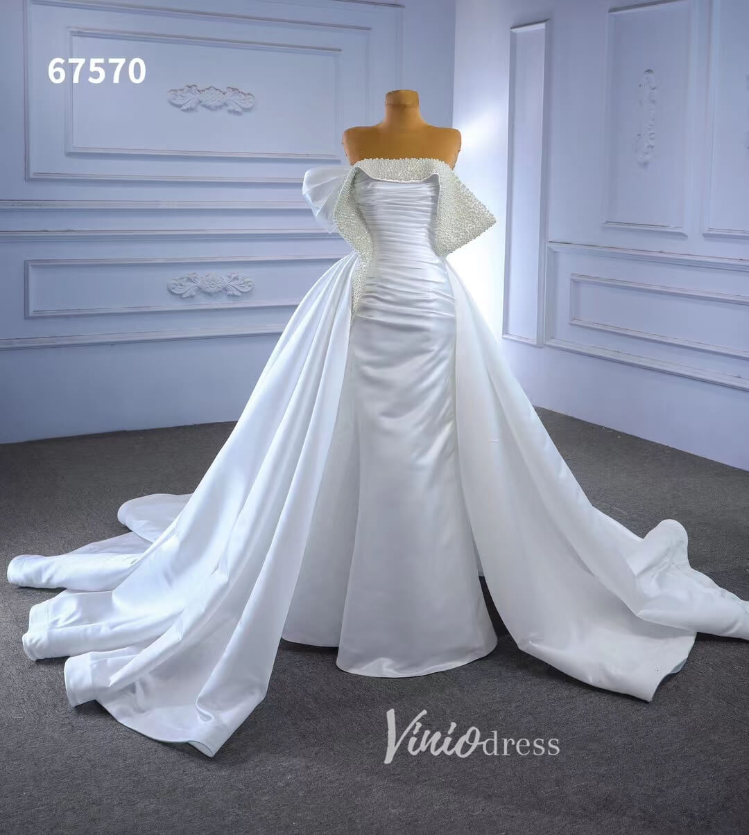 Satin Overskirt Pearl Wedding Dresses Off the Shoulder Bridal Gown 67570