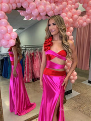 Satin Sheath Prom Dresses with Slit, Ruffled One Shoulder & Crossed Bodice - FD6040