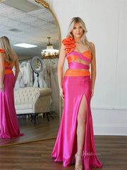 Satin Sheath Prom Dresses with Slit, Ruffled One Shoulder & Crossed Bodice - FD6040