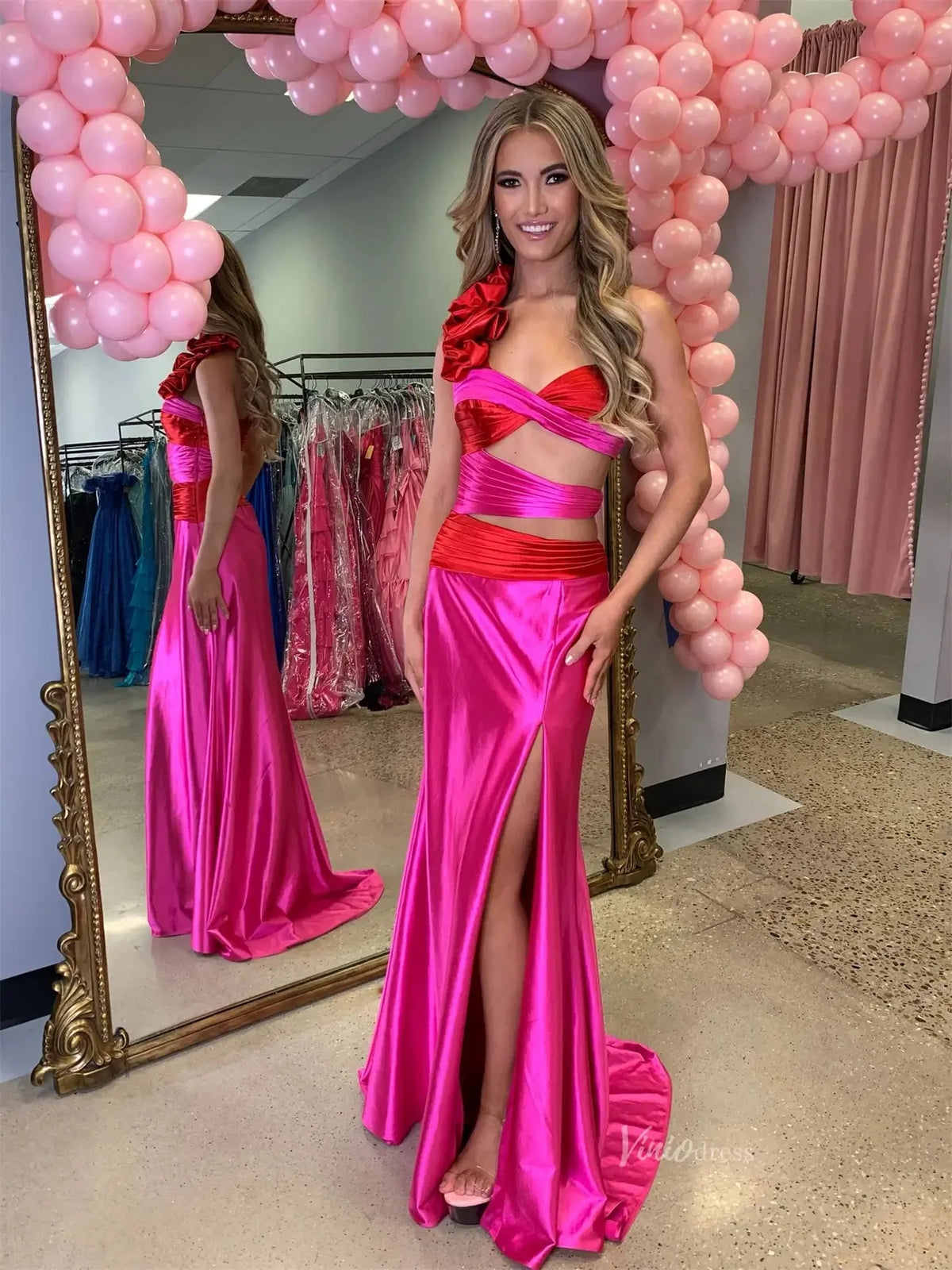 Satin Sheath Prom Dresses with Slit, Ruffled One Shoulder & Crossed Bodice - FD6040