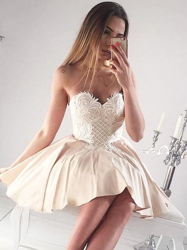 Satin Sweetheart Sleeveless A-line Short/Mini With Applique Dresses