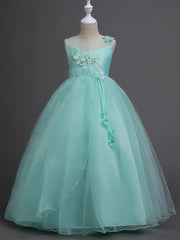 Satin Tulle Flower Girl Dress for Special Occasions - Princess Long Length with Belt Appliques