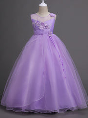 Satin Tulle Flower Girl Dress for Special Occasions - Princess Long Length with Belt Appliques