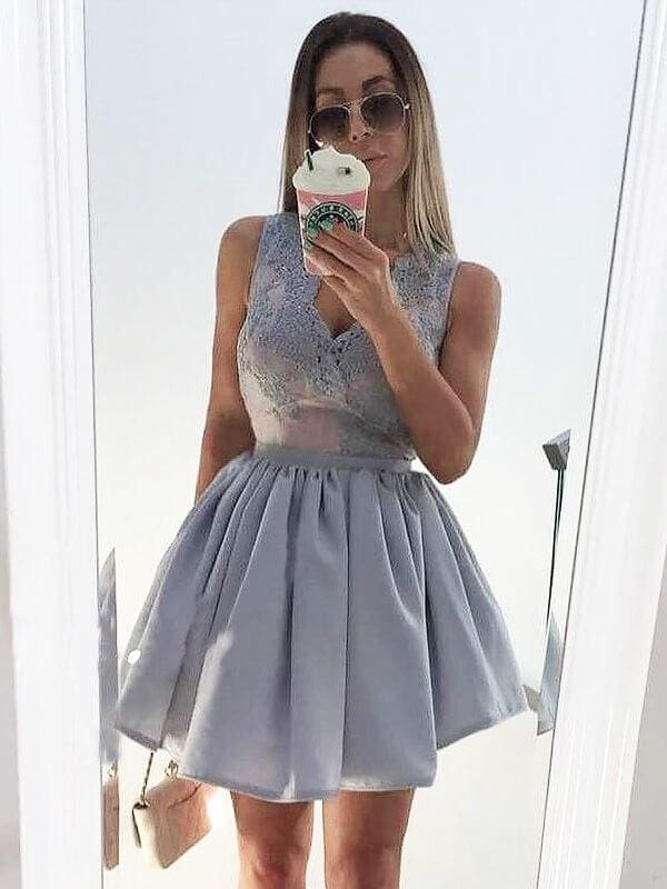 Satin V-neck Sleeveless A-line Short/Mini With Applique Dresses