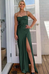 Simple Yellow Spaghetti Straps Satin Long Prom Formal Dress with Slit
