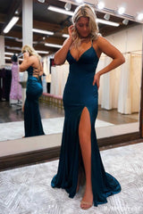 Cheap Satin V-Neck Mermaid Long 2024 Prom Formal Dress Lace-Up Back