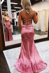 Cheap Satin V-Neck Mermaid Long 2024 Prom Formal Dress Lace-Up Back