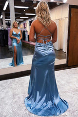 Cheap Satin V-Neck Mermaid Long 2024 Prom Formal Dress Lace-Up Back