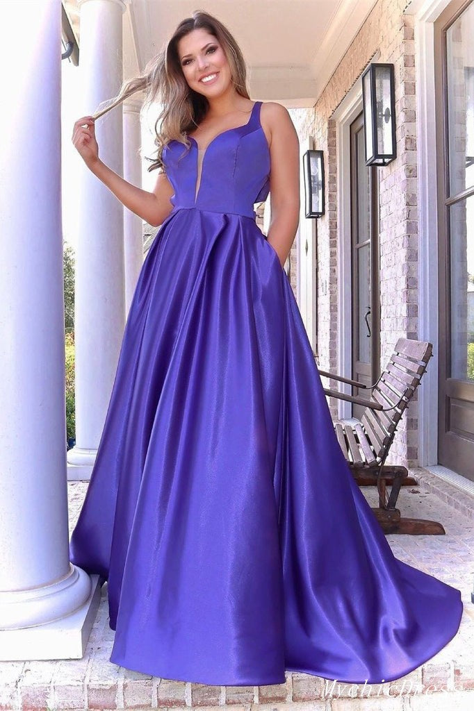 A Line Sleeveless Satin Prom Dresses Strap Long Eveing Dresses with Back Bow