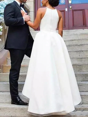 Hi Low Satin Short Wedding Dresses Sleeveless Asymmetry Halter Garden Gown