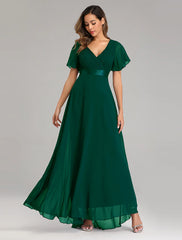 A-Line Prom Dresses Red Green Dress Fall Wedding Guest Dress For Bridesmaid Floor Length Short Sleeve V Neck Chiffon V Back with Ruched Ruffles