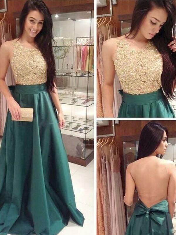 Scoop Neck A-line Floor-Length Satin Dresses With Bowknot