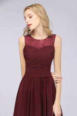 Scoop Neck Ruffle Chiffon Burgundy Modest Bridesmaid Dresses Aline