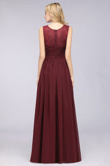 Scoop Neck Ruffle Chiffon Burgundy Modest Bridesmaid Dresses Aline