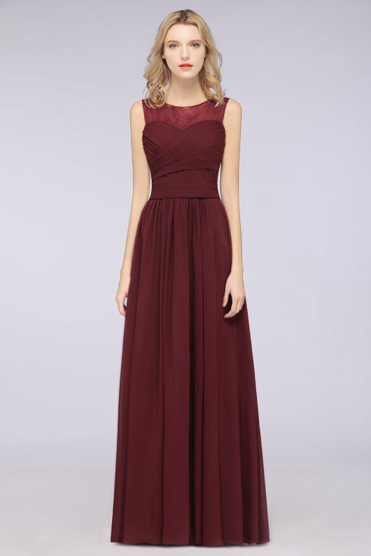 Scoop Neck Ruffle Chiffon Burgundy Modest Bridesmaid Dresses Aline