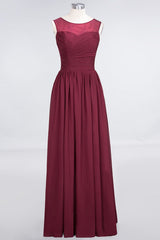 Scoop Neck Ruffle Chiffon Burgundy Modest Bridesmaid Dresses Aline