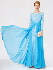A-Line Ball Gown Scoop Neck Floor Length Chiffon Lace Mother of the Bride Dress with Sash / Ribbon Pleats