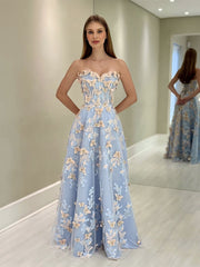 A-Line Sweetheart Neck Tulle Lace Blue Long Prom Dress, Blue Long Formal Dress