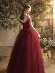 Burgundy Sweetheart Neck Tulle Long Prom Dress, Burgundy Long Formal Dress