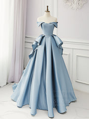 Simple A-Line Satin Blue Long Prom Dress, Blue Satin Long Formal Dress