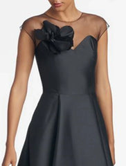 A-Line Wedding Guest Dresses Elegant Black Dress Plus Size Wedding Guest Wedding Party Asymmetrical Sleeveless Jewel Neck Satin with Shouder Flower 2025
