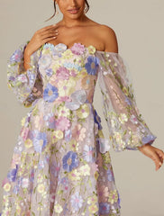 A-Line Prom Dresses Vintage Dress Valentine's Day Prom Tea Length Long Sleeve Square Neck Tulle With Flowers
