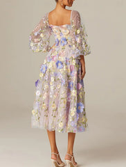 A-Line Prom Dresses Vintage Dress Valentine's Day Prom Tea Length Long Sleeve Square Neck Tulle With Flowers