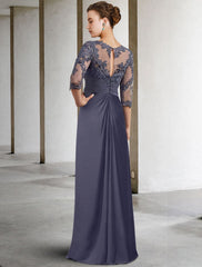 Aimishang Sheath / Column Mother of the Bride Dress Elegant Jewel Neck Floor Length Chiffon Lace 3/4 Length Sleeve with Ruched Appliques