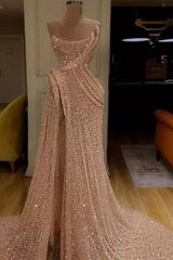 Glitter Sequin Strapless Mermaid Long Prom Dress with Split