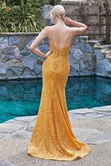 Cinderella Divine CM317 Sequined Long Spaghetti Strap Prom Dress