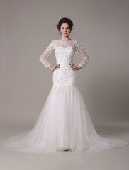Sequined Wedding Dress Detachable Neckline Lace Applique Mermaid Court Train Bridal Dress Exclusive