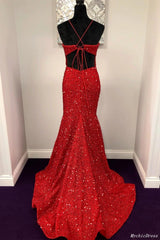 Red Prom Dresses Sequin Halter Long Sleeveless Mermaid Evening Dress