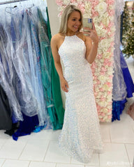 Red Prom Dresses Sequin Halter Long Sleeveless Mermaid Evening Dress
