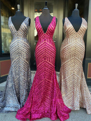 Shiny Mermaid Long V neck Red Sequins Prom Dresses