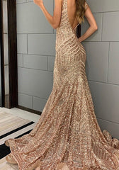 Shiny Mermaid Long V neck Red Sequins Prom Dresses